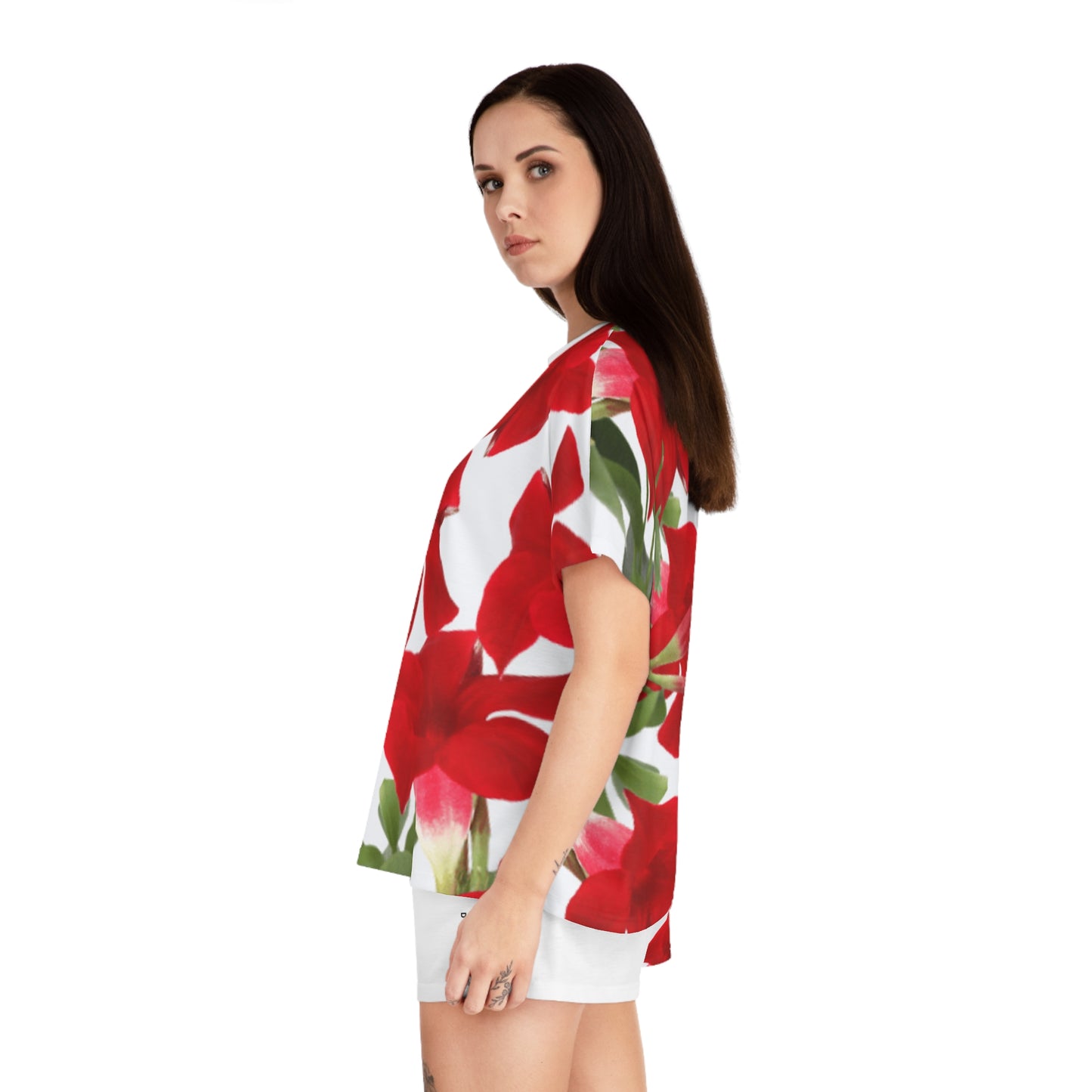 2-PC Satin Pajama Short Set: Brilliant Red Tropical Hibiscus
