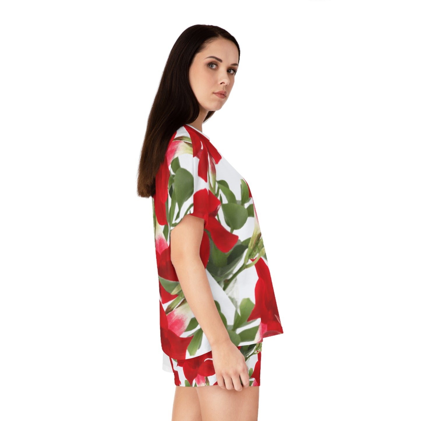 2-PC Satin Pajama Short Set: Brilliant Red Tropical Hibiscus