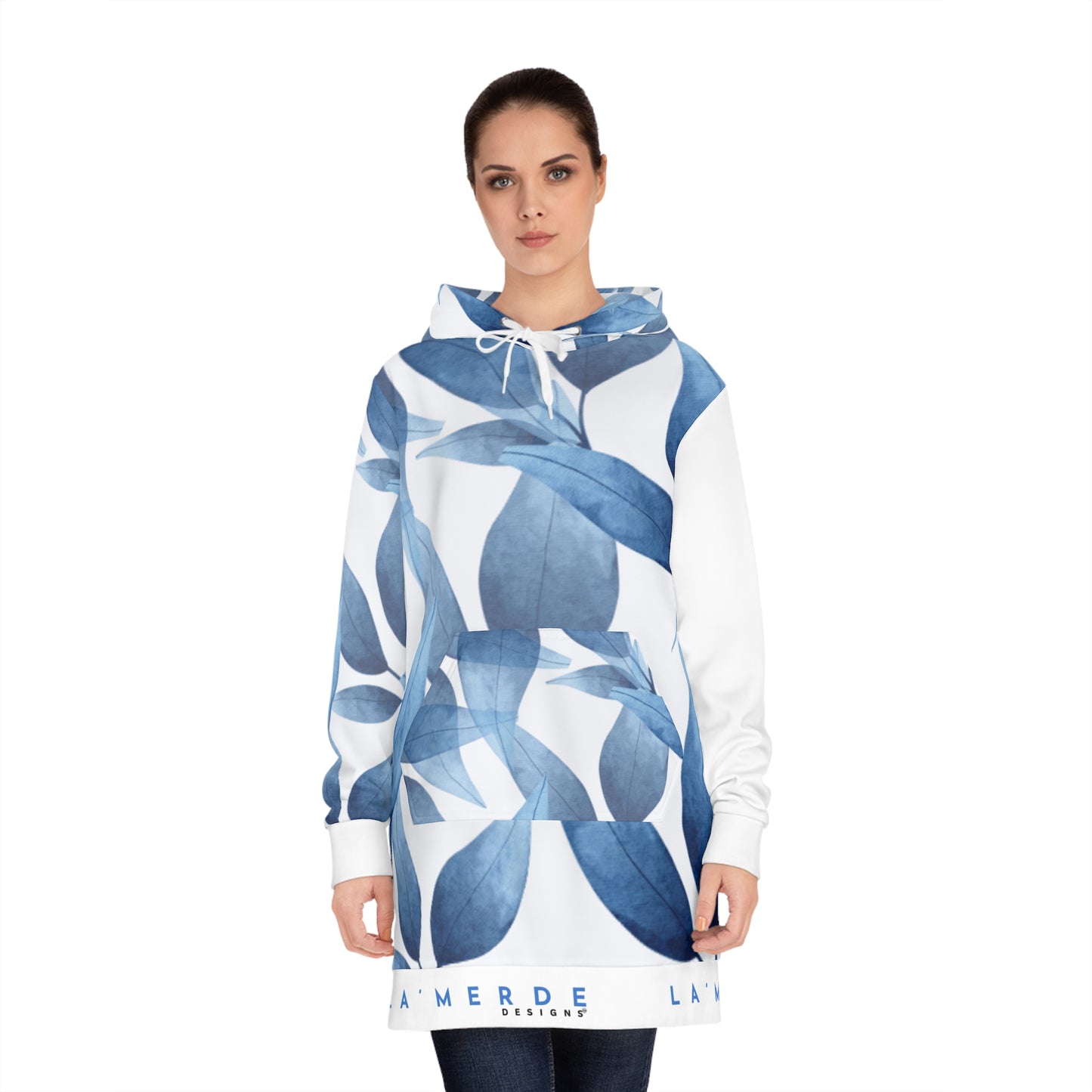 Long Sleeve Hoodie Mini Dress: Watercolor Blue Leaf Seaweed
