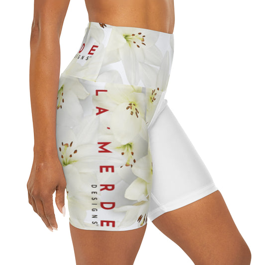 Workout Yoga Shorts: Watercolor White Day Lily