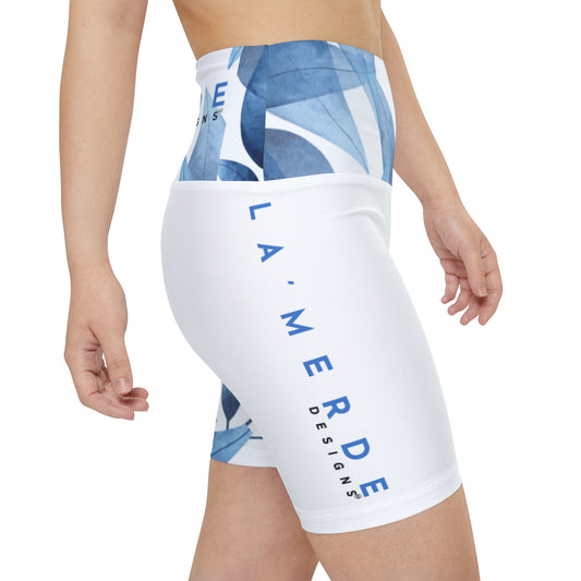 Workout Yoga Shorts: Watercolor Blue Leaf Seaweed