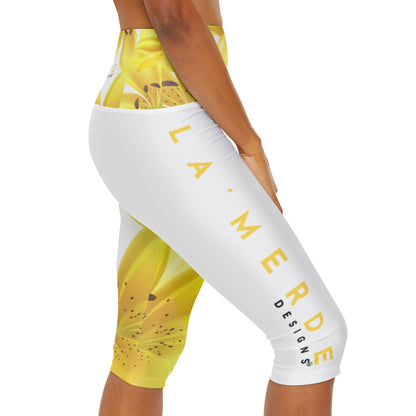 Capri Yoga Leggins: Watercolor Yellow Lilium Lily