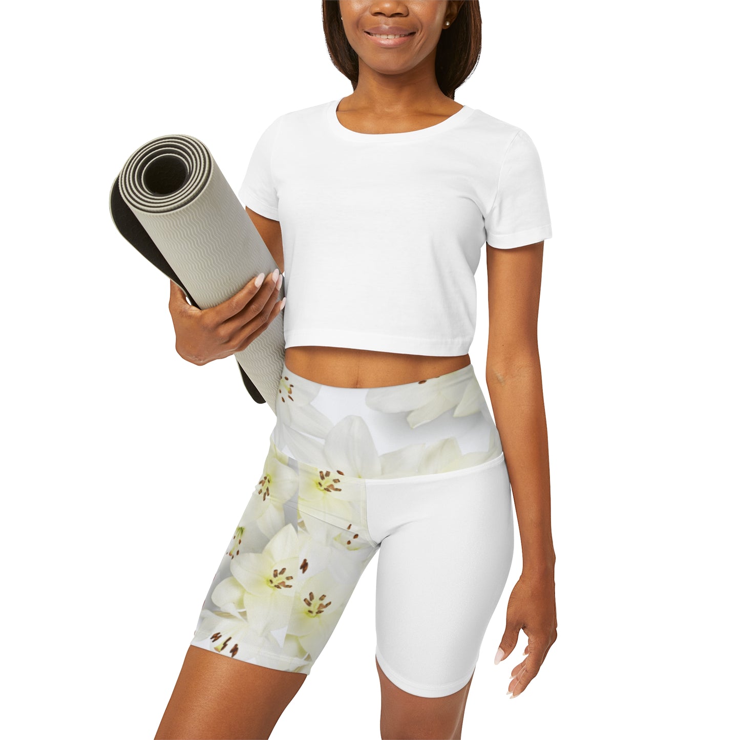 Workout Yoga Shorts: Watercolor White Day Lily