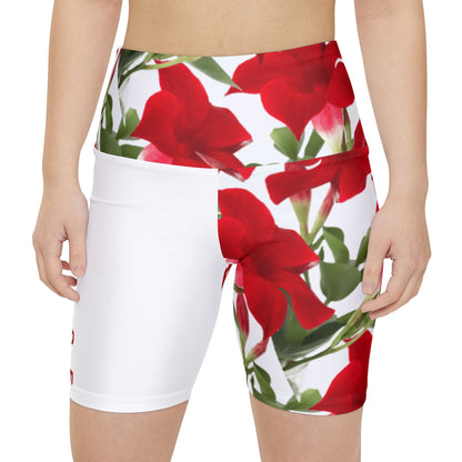 Workout Yoga Shorts: Brilliant Red Tropical Hibiscus